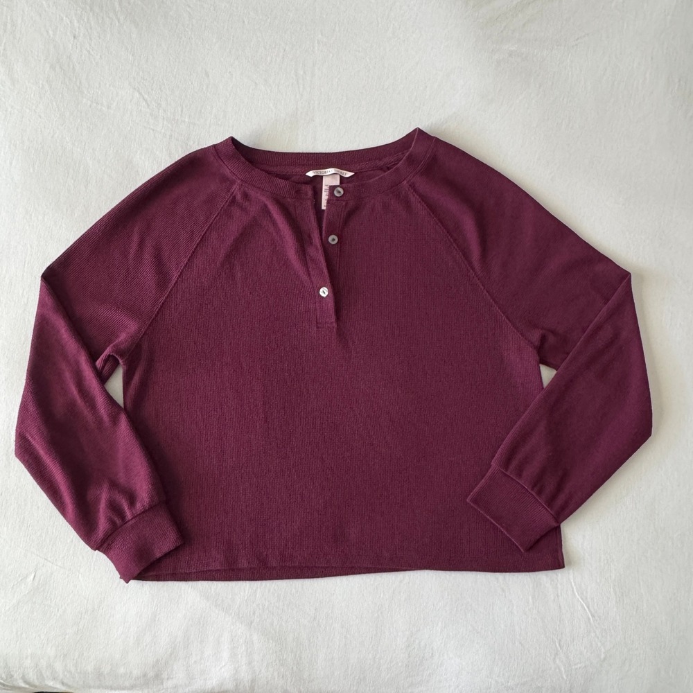 Victorias Secret Waffle Knit Henley Top XS Burgundy Thermal Oversized Loungewear